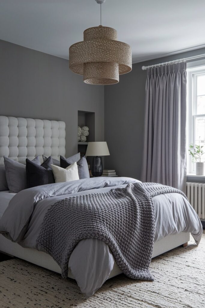 modern gray bedroom with bedding textiles in various tones