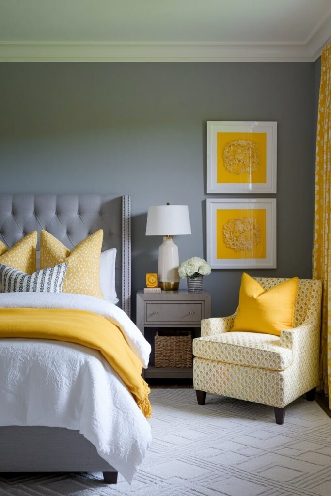 modern gray bedroom with bright yellow accent textile and decor
