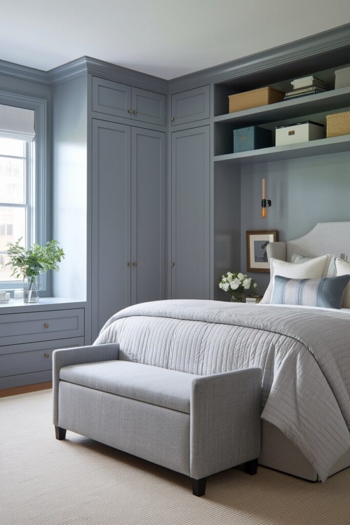 modern gray bedroom with built-in wardrobes, storage bench at the foot