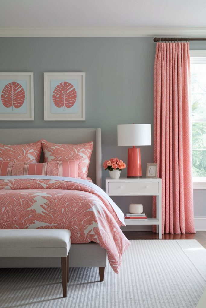 modern gray bedroom with coral accents in bedding, artwork, and decor