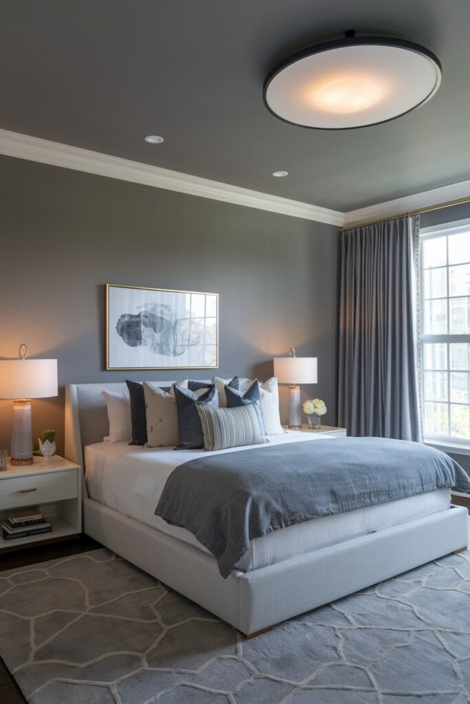 modern gray bedroom with different types of lighting and gray ceiling