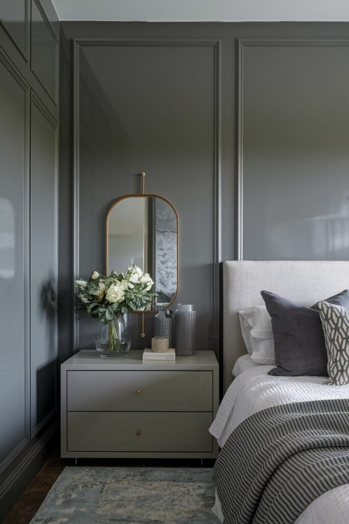 modern gray bedroom with glossy wall (moldings), different finishes and materials in gray tones