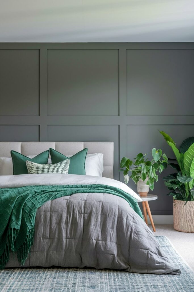 modern gray bedroom with green accents and plants