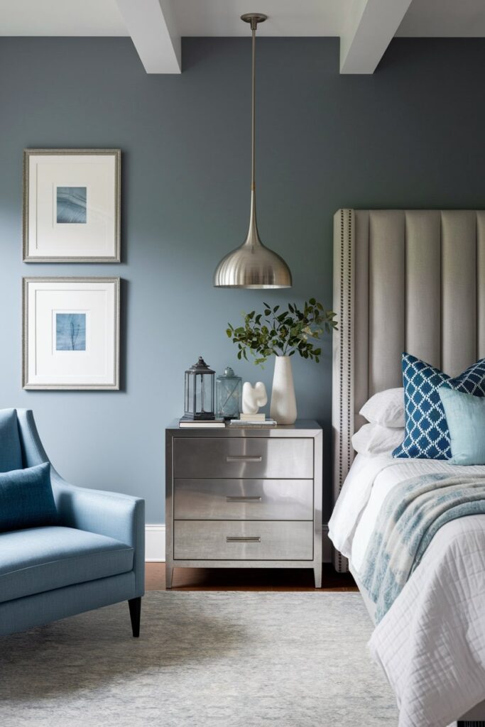 modern gray bedroom with metallic nightstand and light fixture