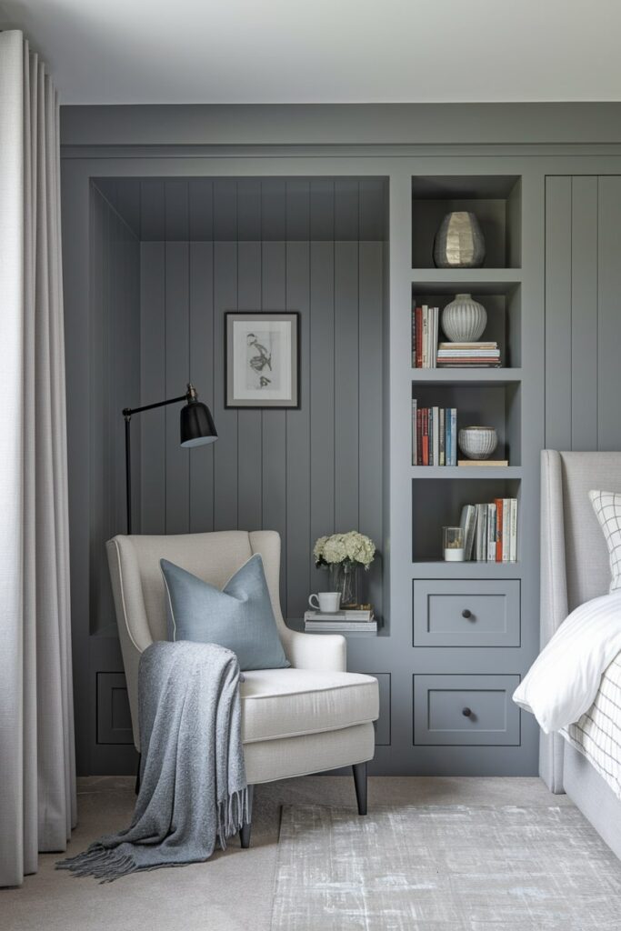 modern gray bedroom with reading corner, built-in drawers for storage
