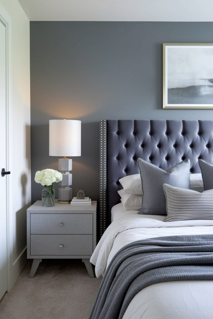 modern gray bedroom with tufted velvet headboard in charcoal gray