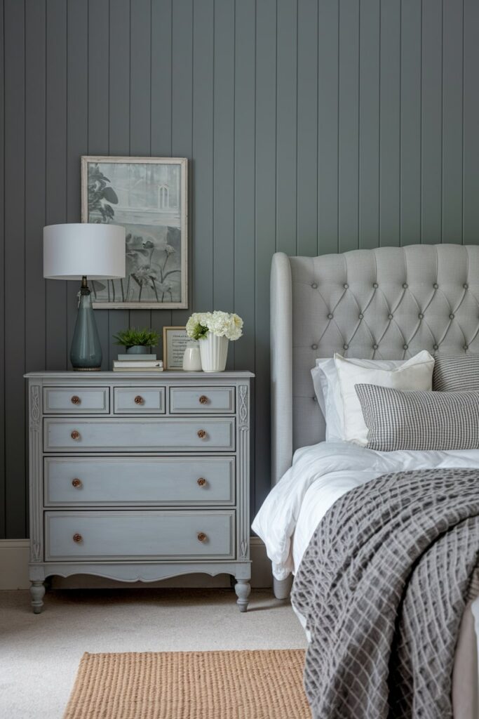 modern gray bedroom with vintage gray nightstand