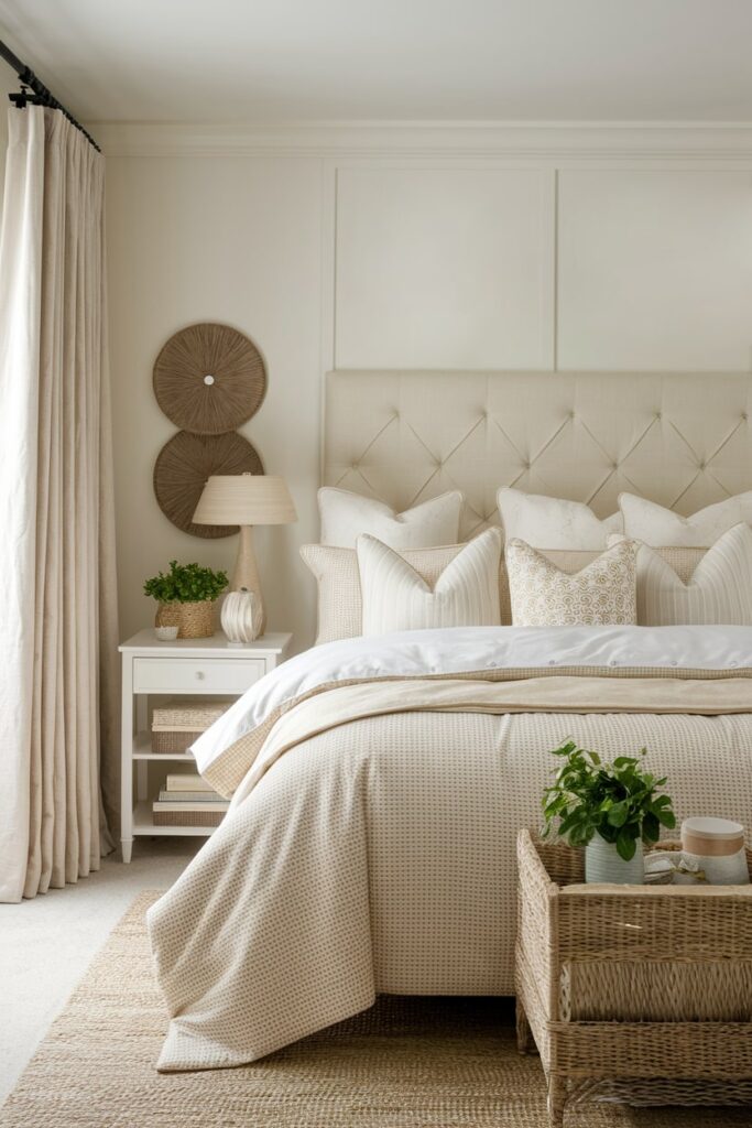 modern light bedroom with beige bedding in different shades