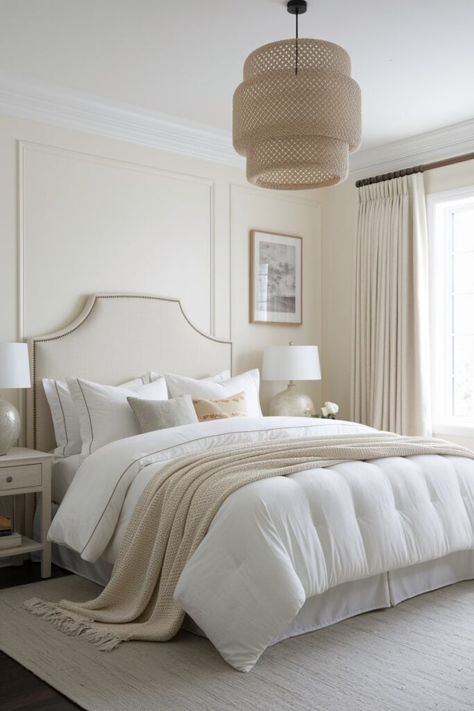 modern light beige bedroom with white bedding with beige throw blanket