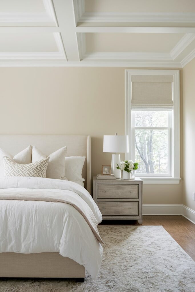 modern light beige bedroom with white trims and bedding