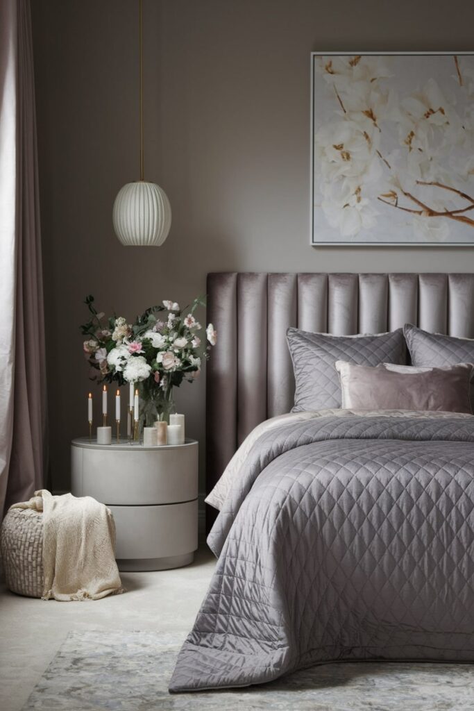 modern romantic gray bedroom has velvet headboard, silk blanket, floral artwork