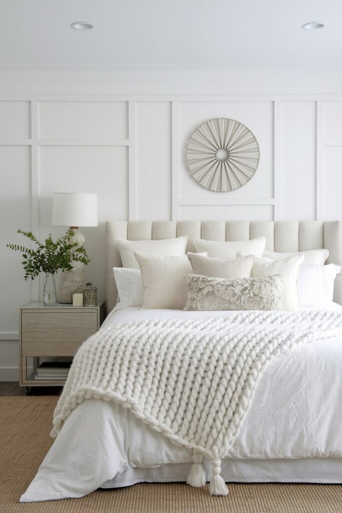 modern white bedroom with all white fabrics, chunky knit throw blanket