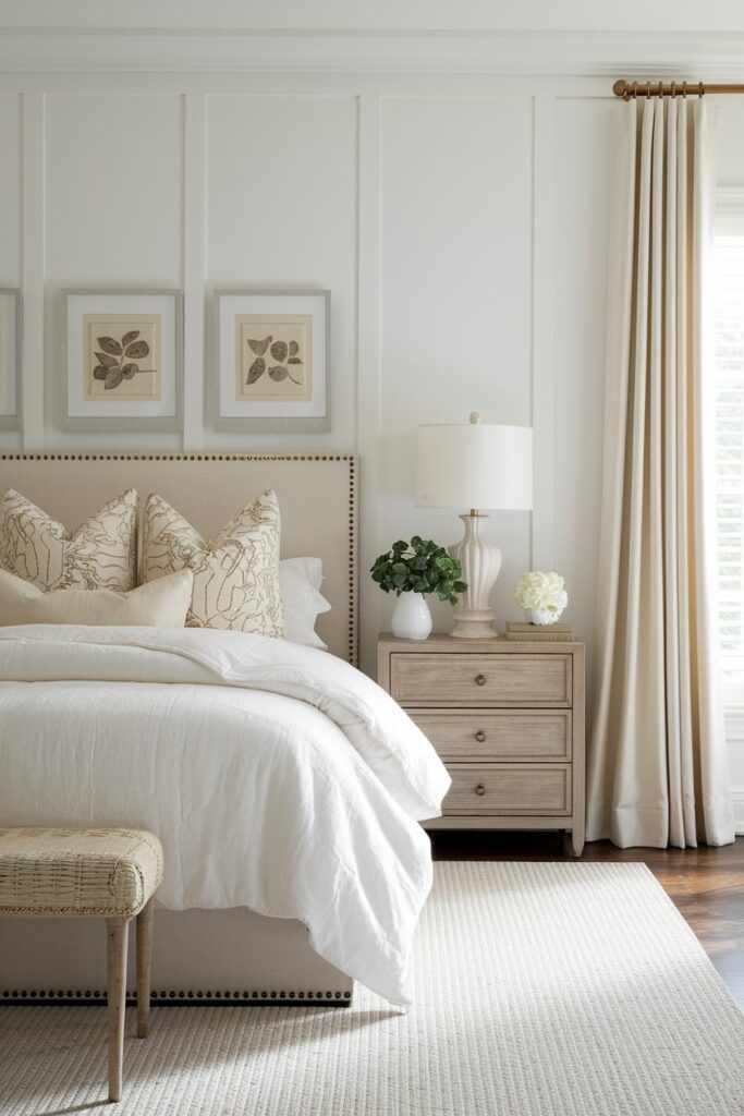 modern white bedroom with beige headboard, accent pillows, curtains, and artwork