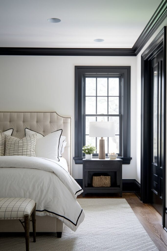 modern white bedroom with black window trim, door frame, and baseboard