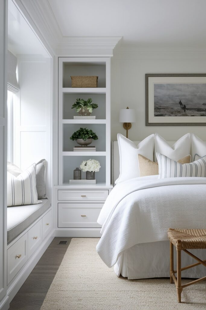modern white bedroom with built-in drawers for storage