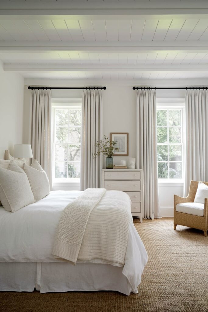 modern white bedroom with clean look, white dresser, blackout curtains