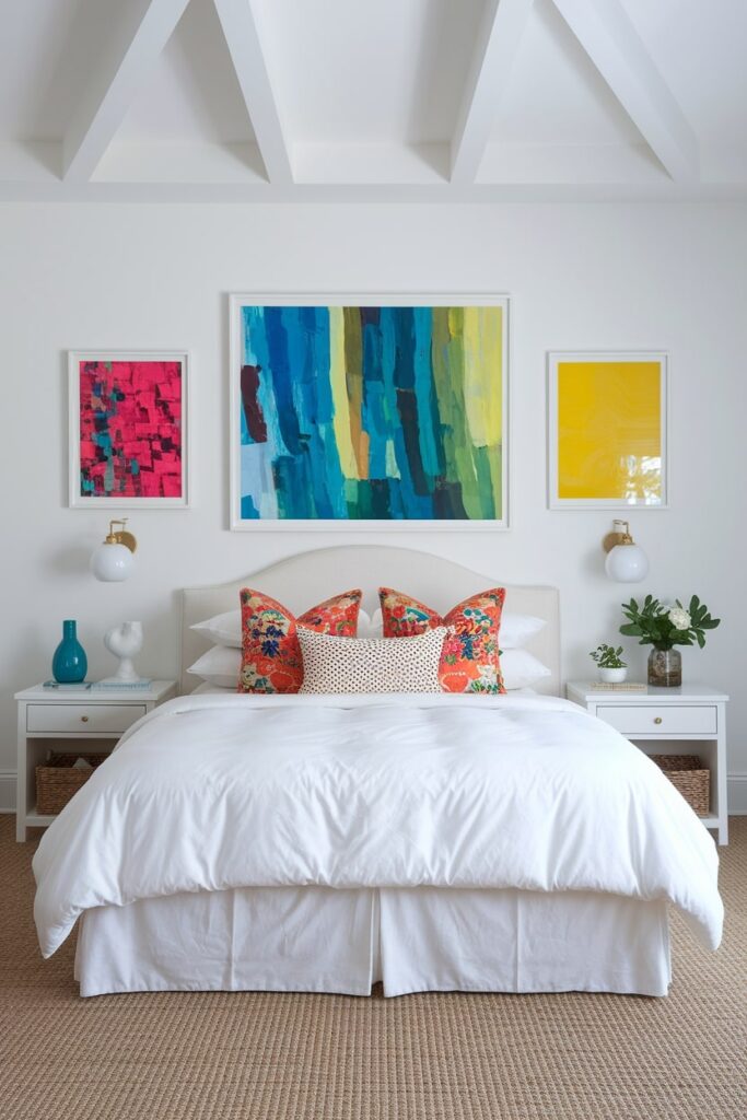 modern white bedroom with colorful art above bed