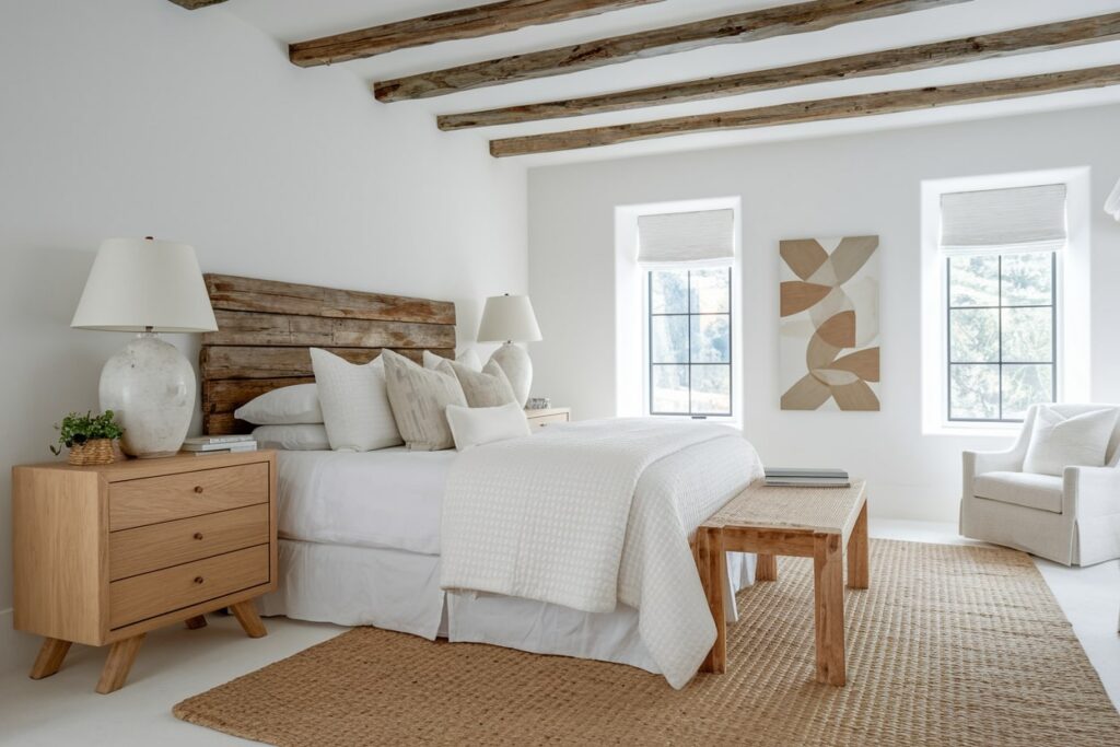 modern white bedroom with exposed beams and wood headboard