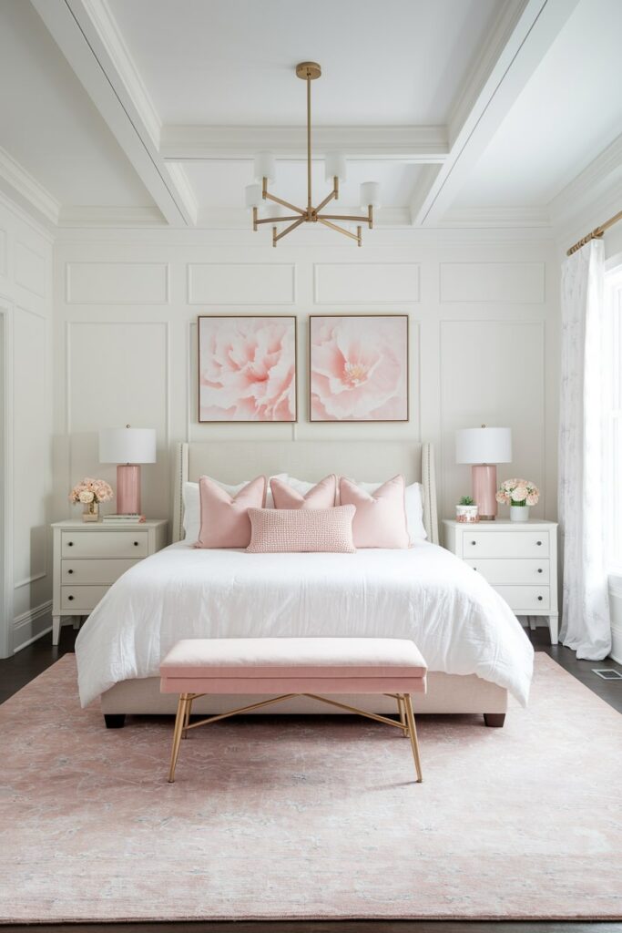 modern white bedroom with soft blush pink combo