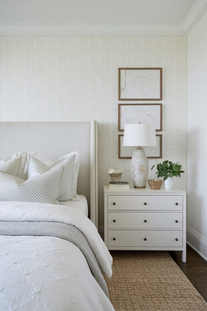 modern white bedroom with textured white wallpaper, white dresser as a nightstand