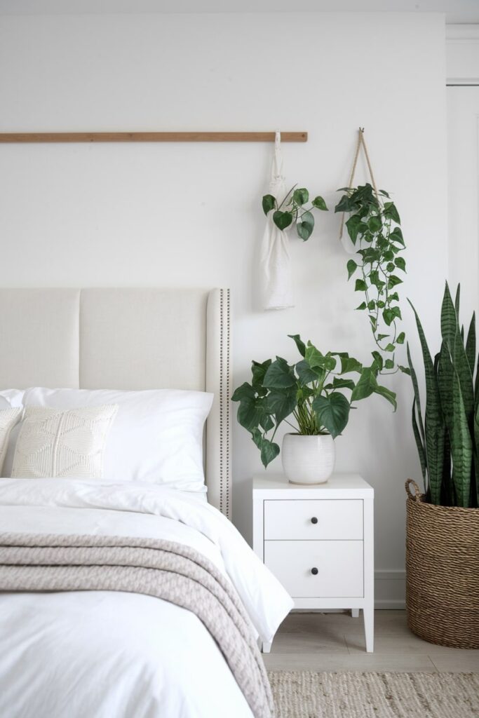 modern white bedroom with various plants, white nightstand