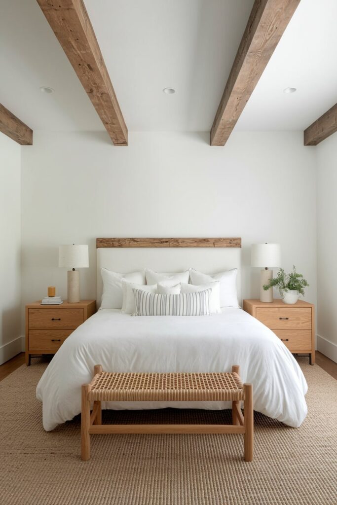 modern white bedroom with warm wood furniture and exposed beams