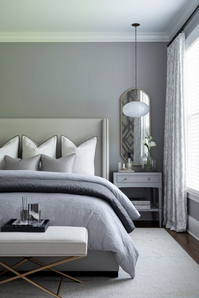 monochromatic gray bedroom with white and gold accents