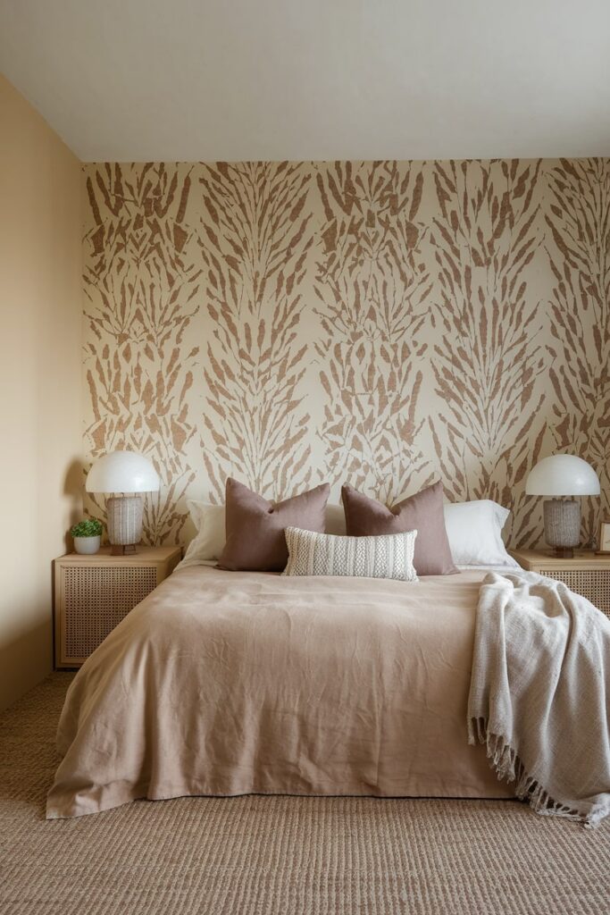 monochromatic modern beige bedroom with multiple shades, mushroom beige accent pillows
