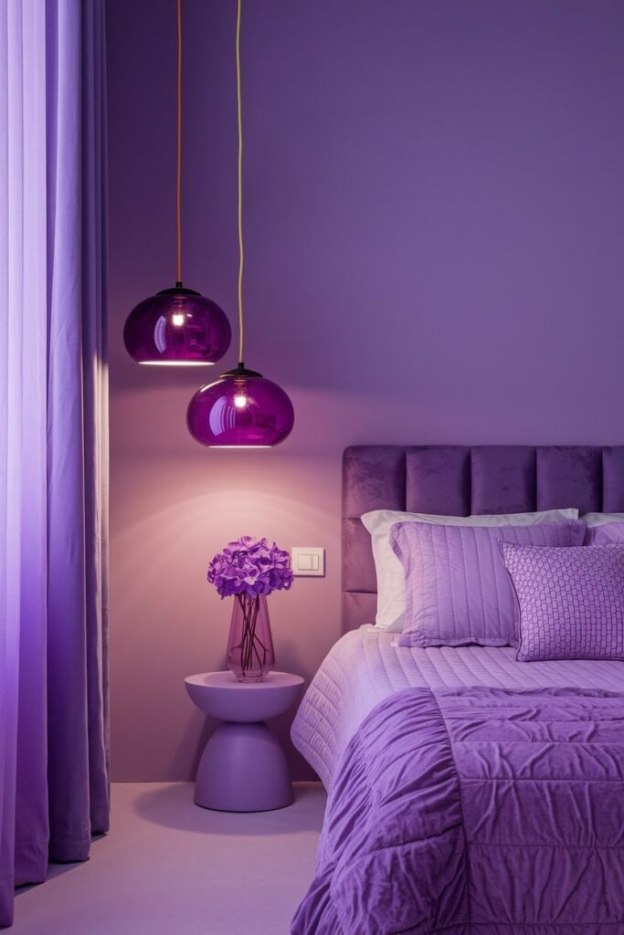 monochromatic purple bedroom with accent purple lighting