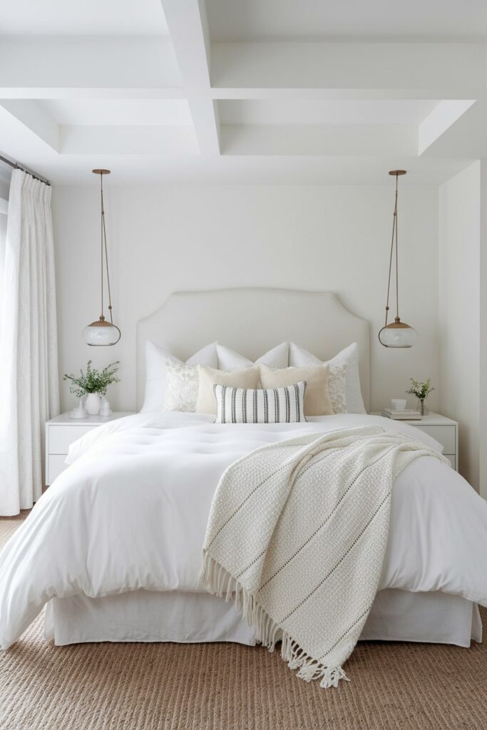 monochromatic white bedroom with layered white bedding in various tones