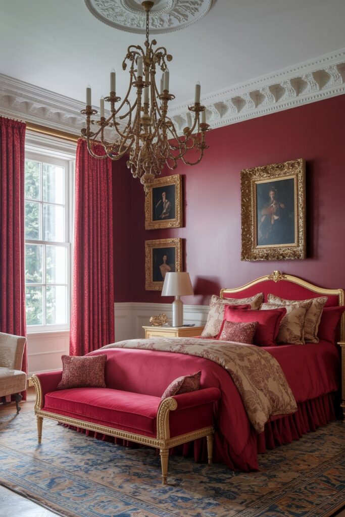 palace red bedroom design with combination of scarlet red and gold accents