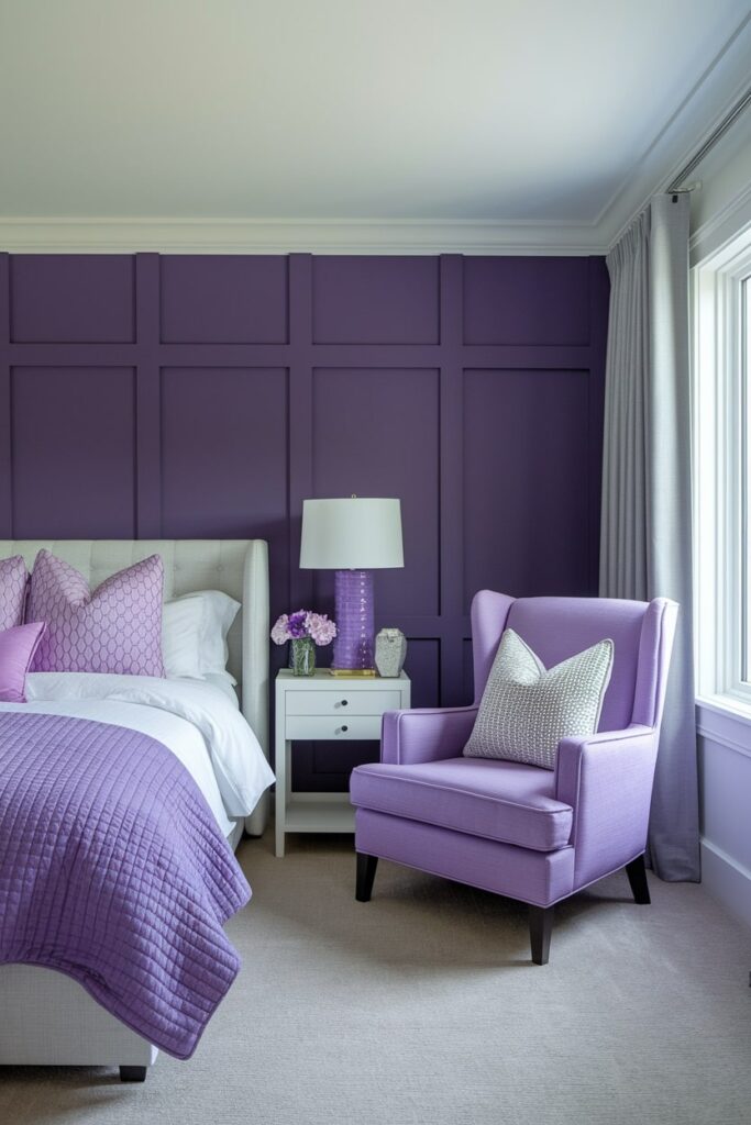 purple accent chair, purple bedroom