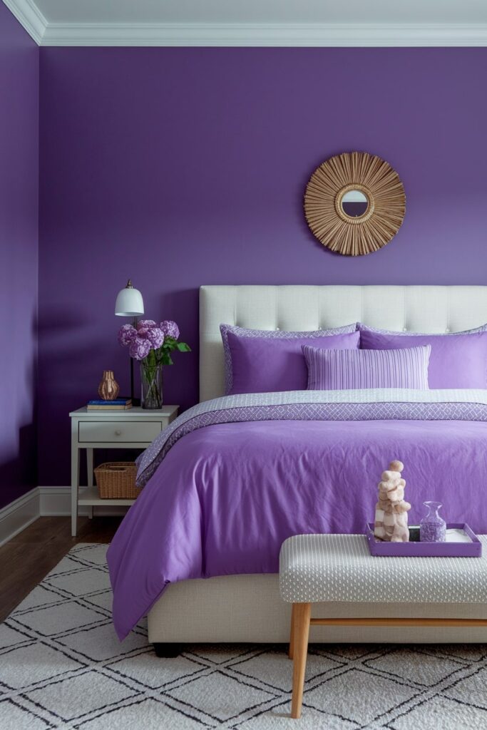 purple bedding, light headboard, purple bedroom, white bedside table, light gray end of bed bench with wooden legs