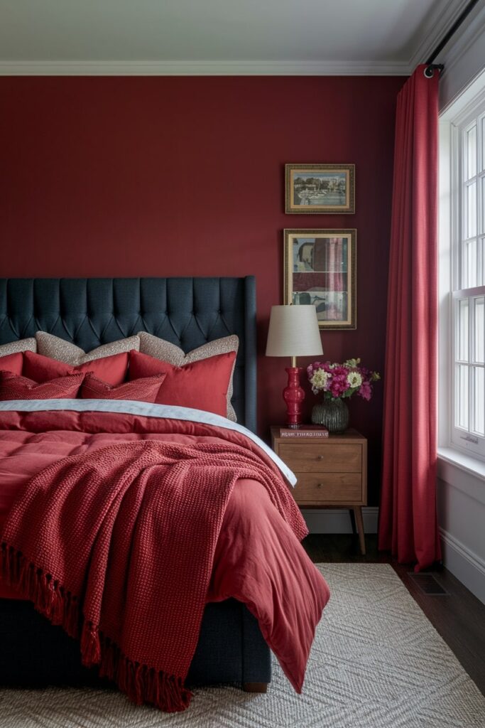 red bedroom with different textile shades and textures