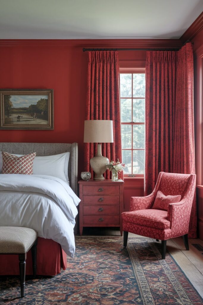 red bedroom with vintage furniture, white bedding