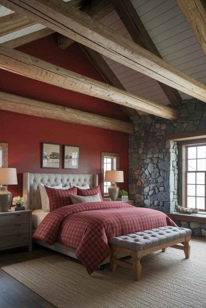 rustic cabin bedroom design with deep red tones and wooden elements