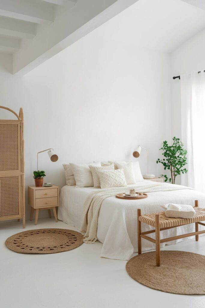 Scandinavian white bedroom with light wood furniture and woven decor