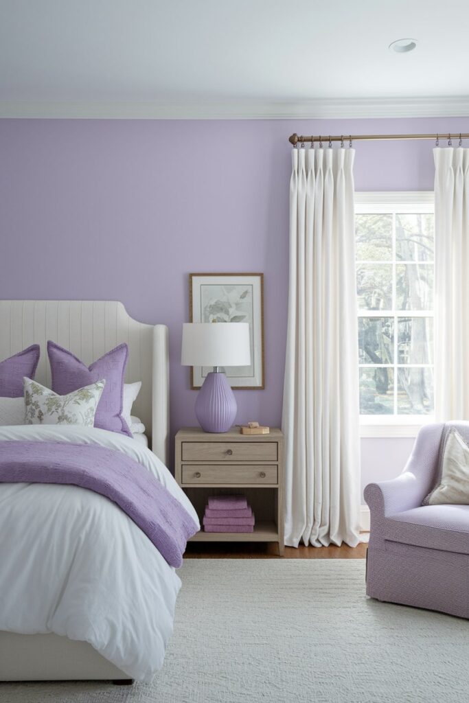 soft lavender walls, decor, purple bedroom
