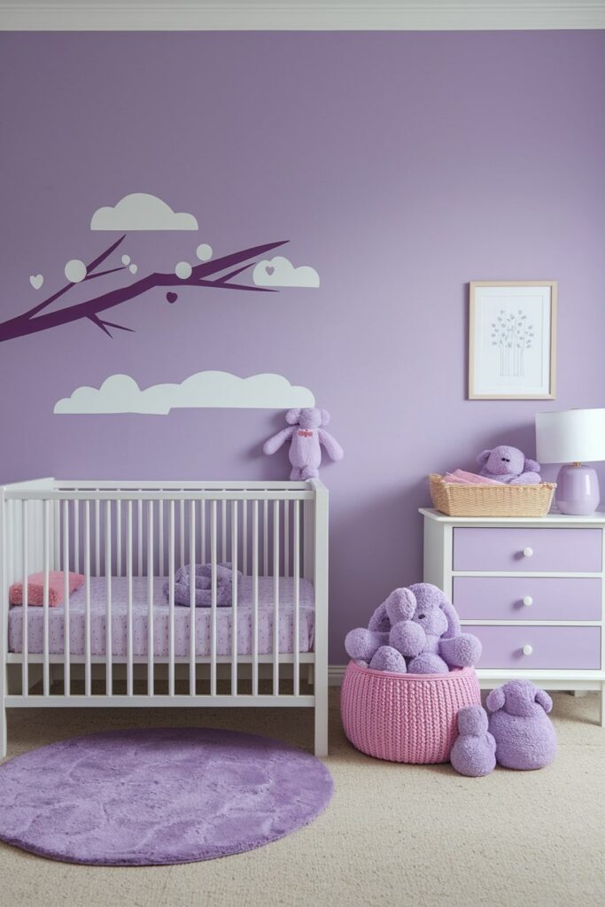 soft purple nursery with creative wall decals