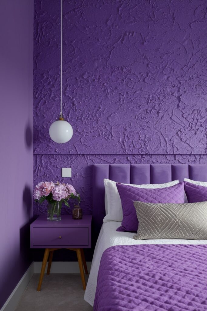 textured purple walls in the modern bedroom