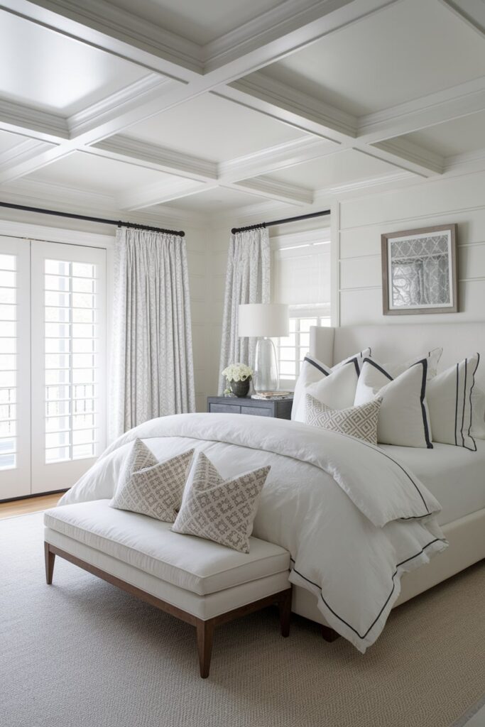 transitional white bedroom, classic furniture with modern accessories