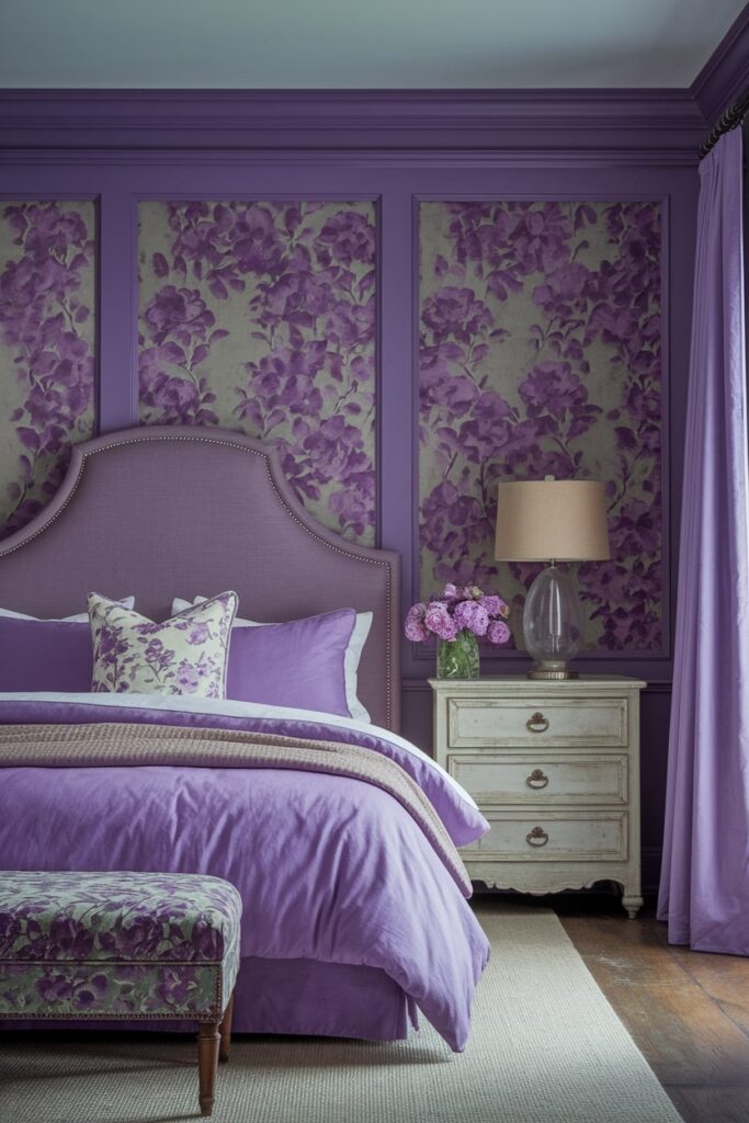 vintage purple bedroom with floral patterns