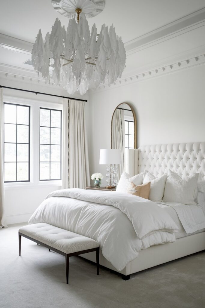 white bedroom with a grand chandelier, tufted headboard