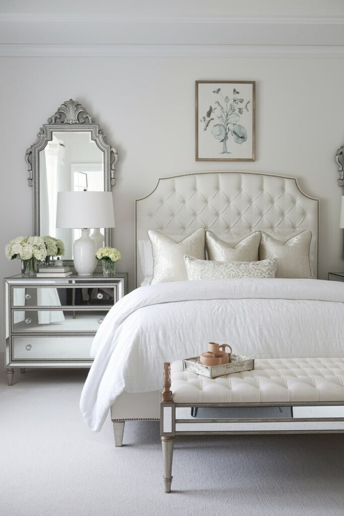 white bedroom with mirrored furniture
