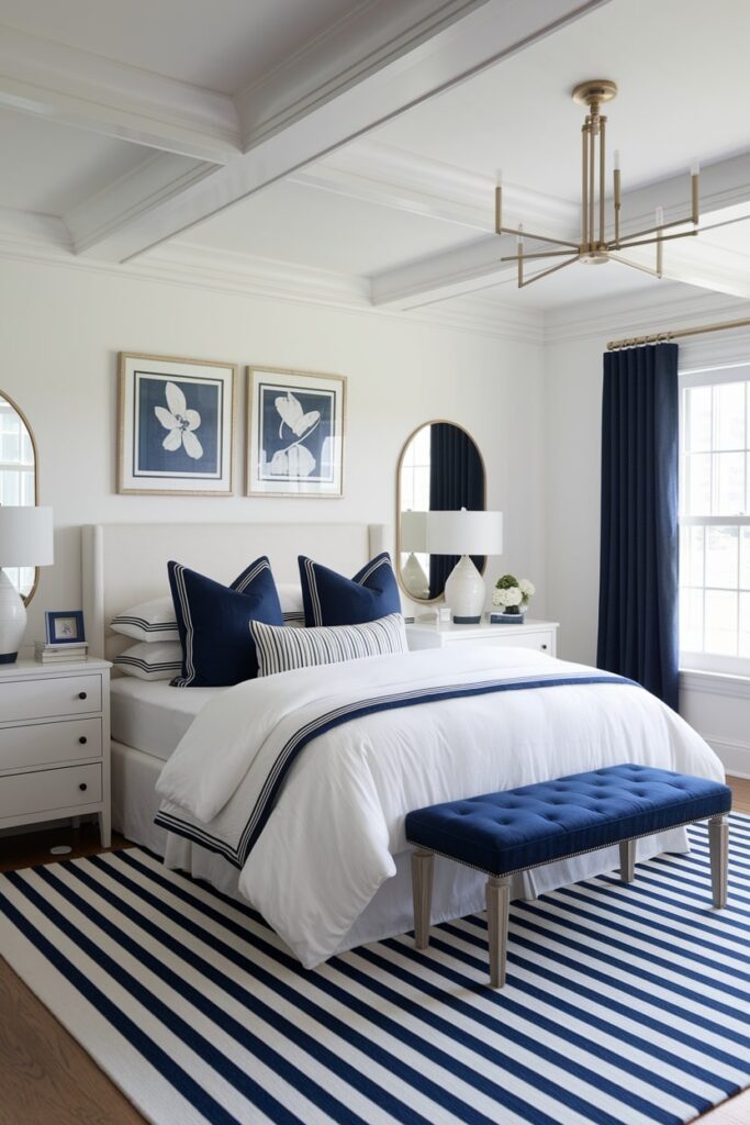 white bedroom with navy blue accents, striped area rug