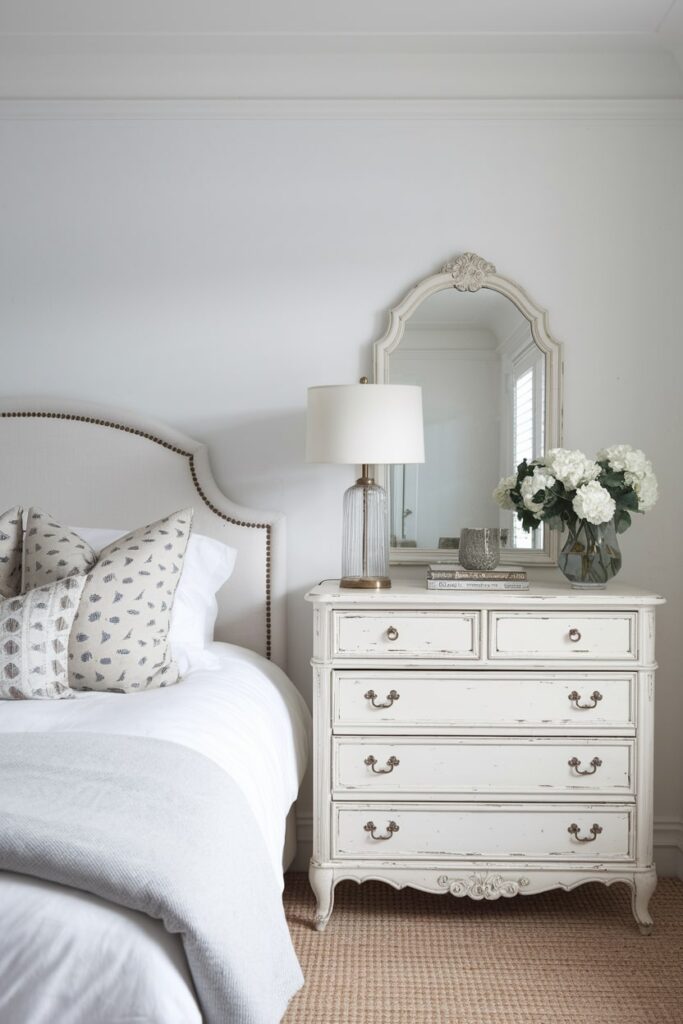 white bedroom with vintage white dresser as a nightstand