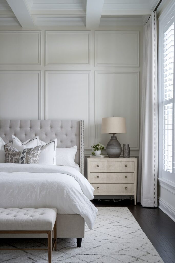 white bedroom with wainscoting on the wall