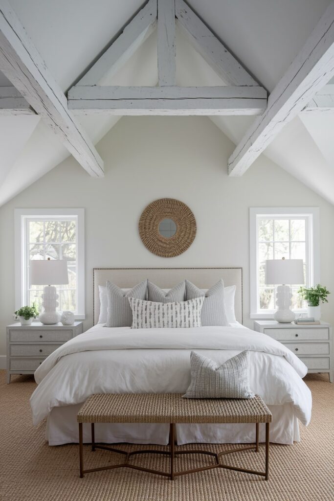 white bedroom with white exposed ceiling beams