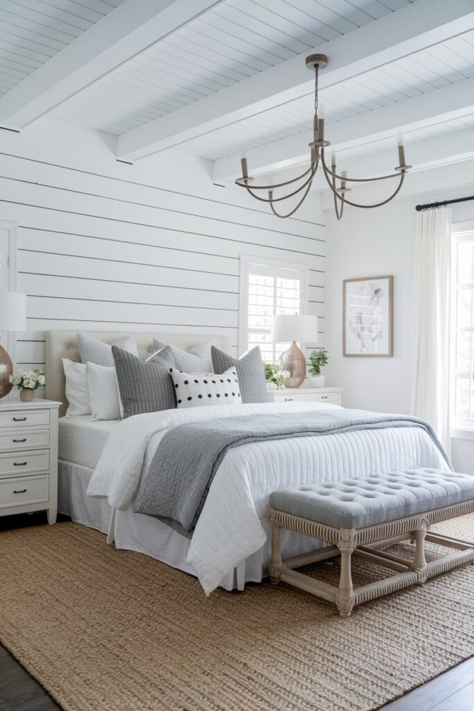 white bedroom with white shiplap accent wall and gray decorative pillows