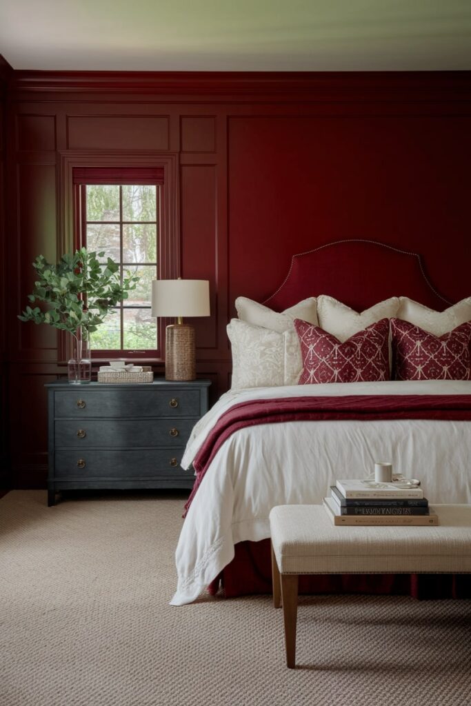 wine red deep color bedroom with accent pillows, throw blanket. It has white bedding, bench, and gray nightstand with drawers